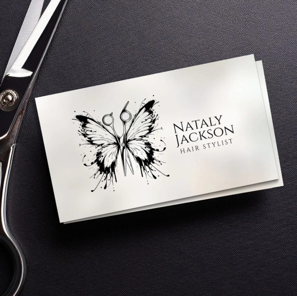 Black ink scissors and butterfly minimalist hair stylist business card