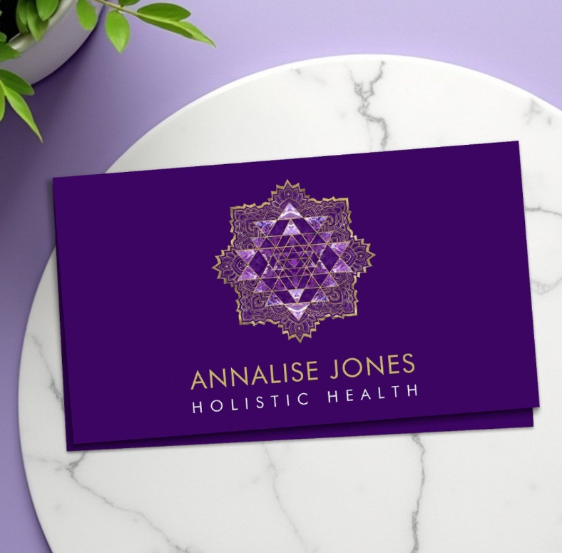 Amethyst and gold sacred geometry business card