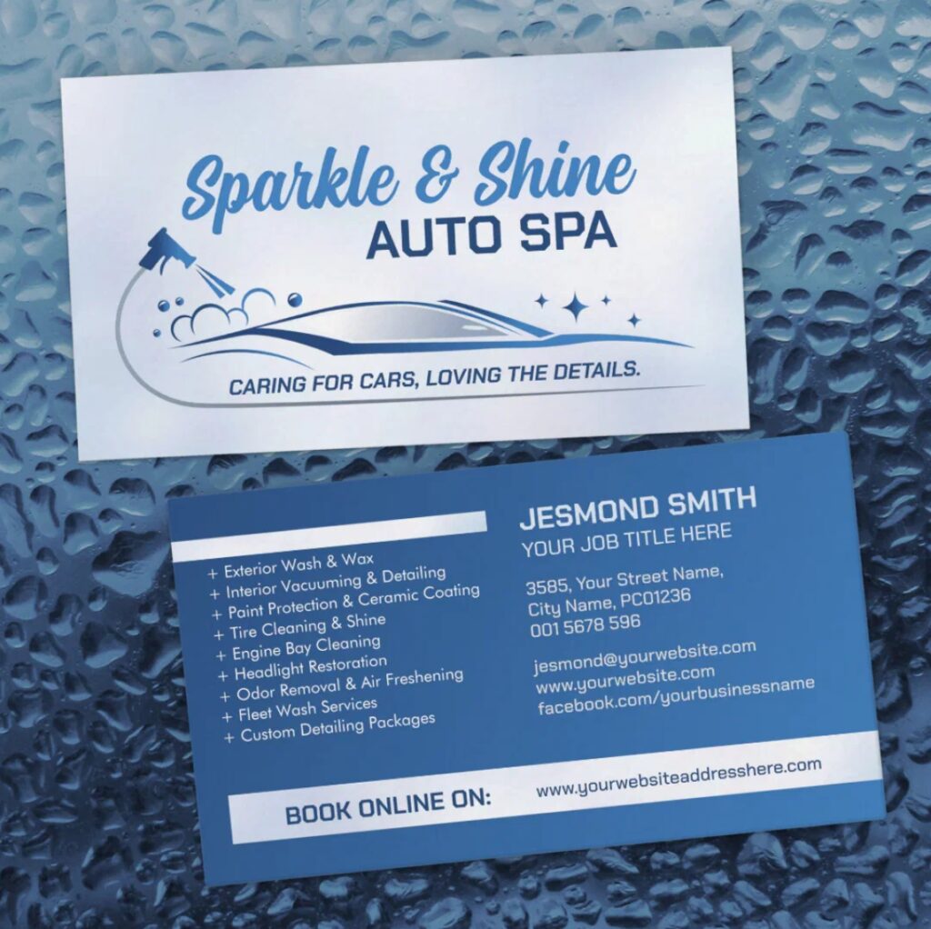 Professional car wash business card with service list and modern layout.