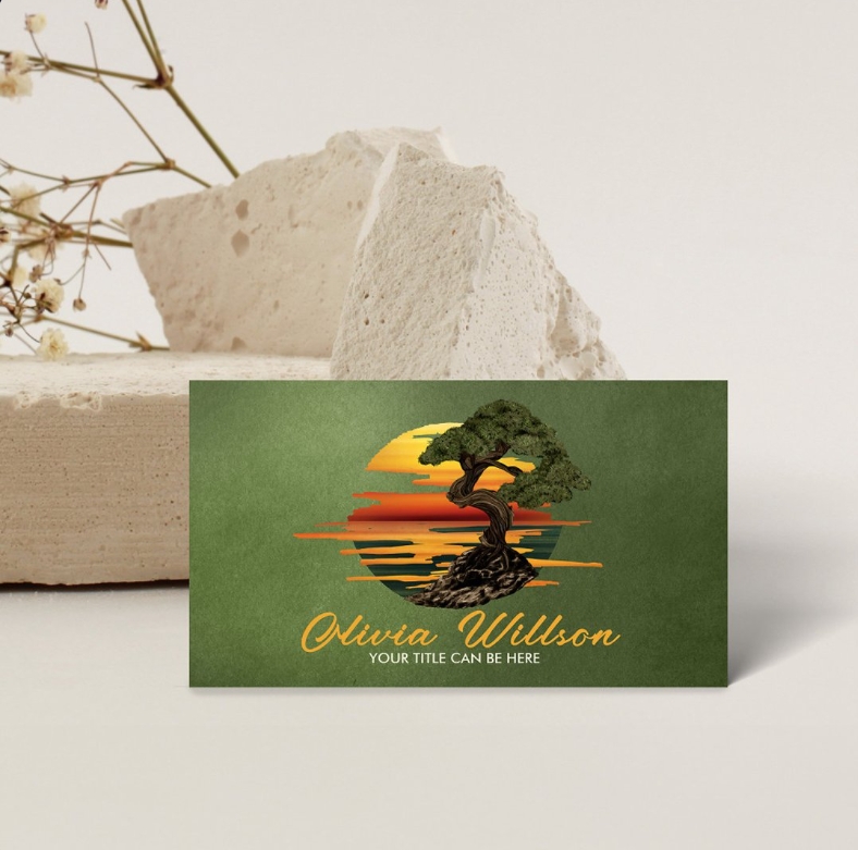 Massage therapist business card with bonsai and sunset