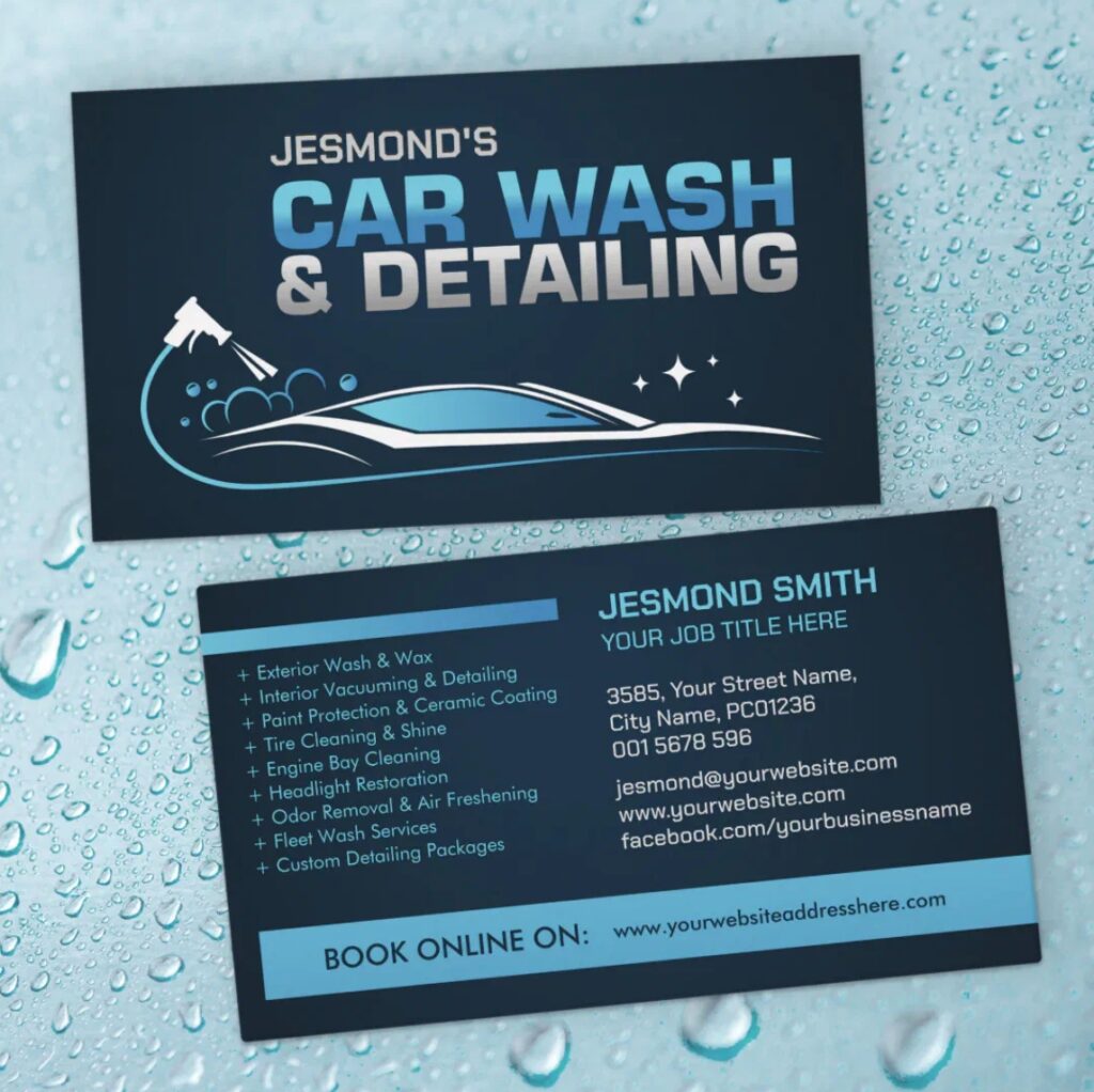 Modern car wash business card with bold blue typography for professional services.