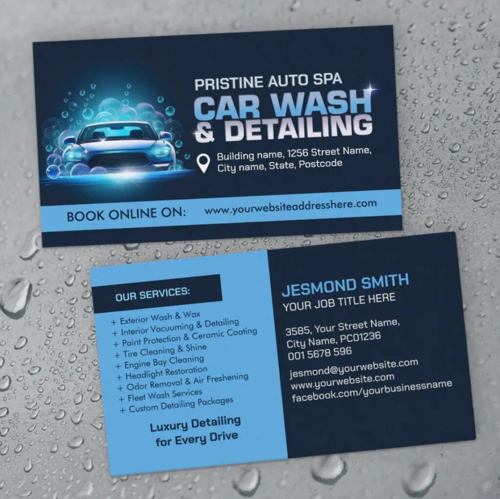 Professional car wash business card with service list and modern layout.