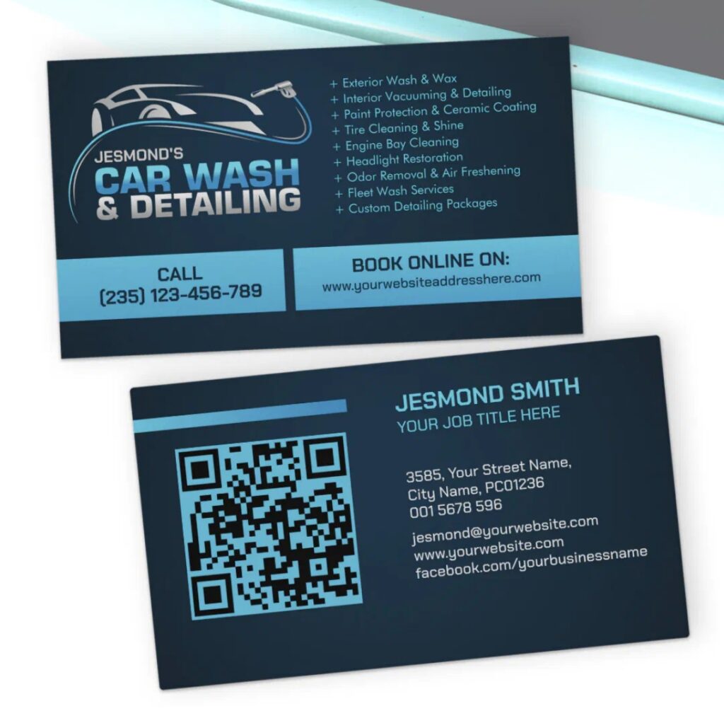 Stylish gradient car wash business card with bold typography.