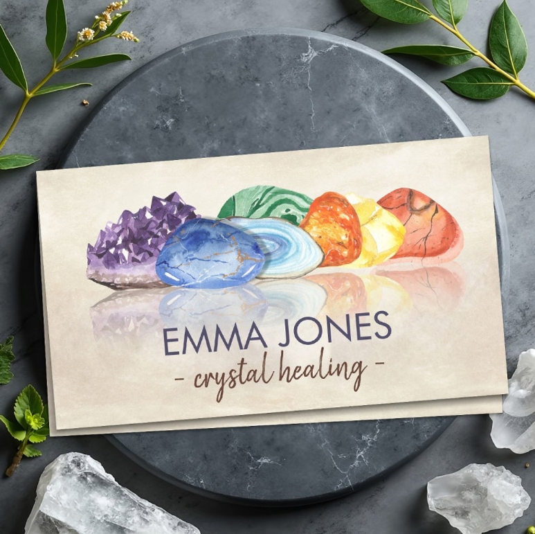 Professional crystal healing business card with gemstone theme