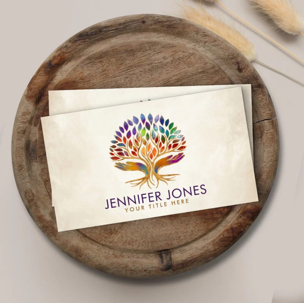 Colorful helping hands supporting a growing tree – symbolic business card for coaches and mentors.