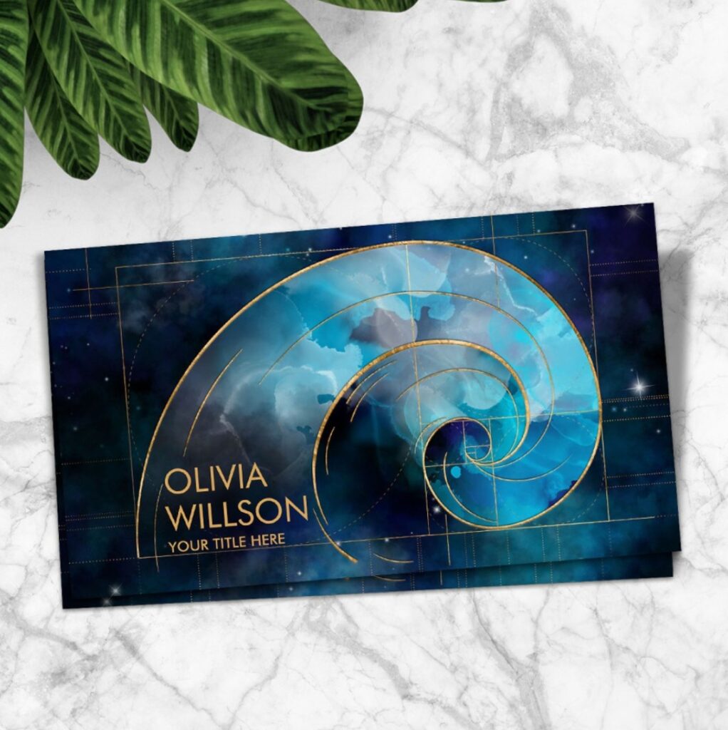 Golden Spiral Cosmos Wave Watercolor Business Card