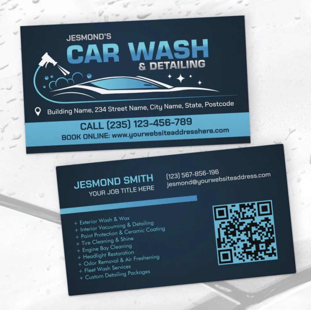Car detailing business card with QR code for online booking.