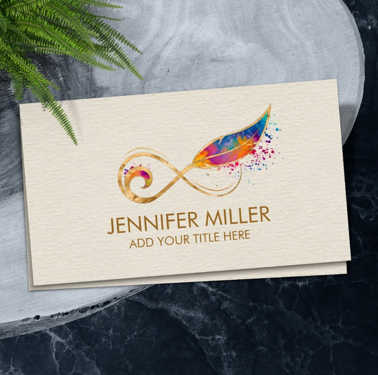 Infinity symbol business card with feather design