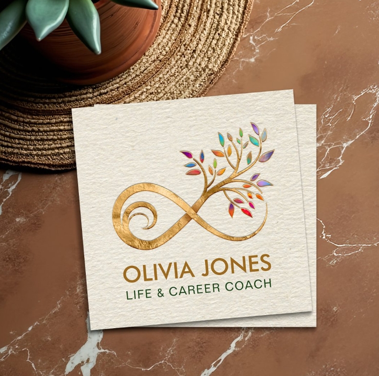 Square business card with infinity symbol and tree branch