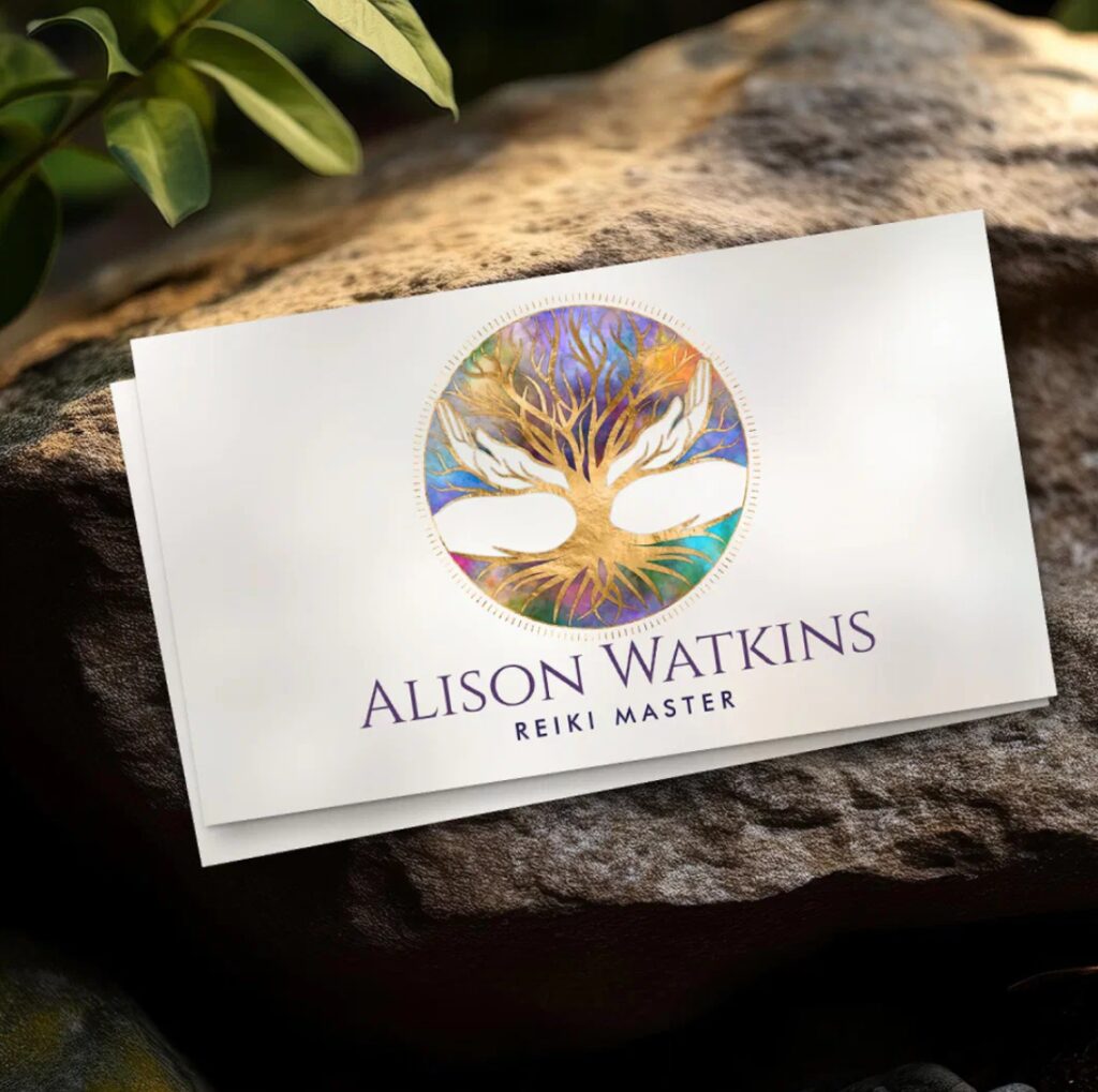 Healing hands with rooted Tree of Life – business card for spiritual guides and holistic wellness.