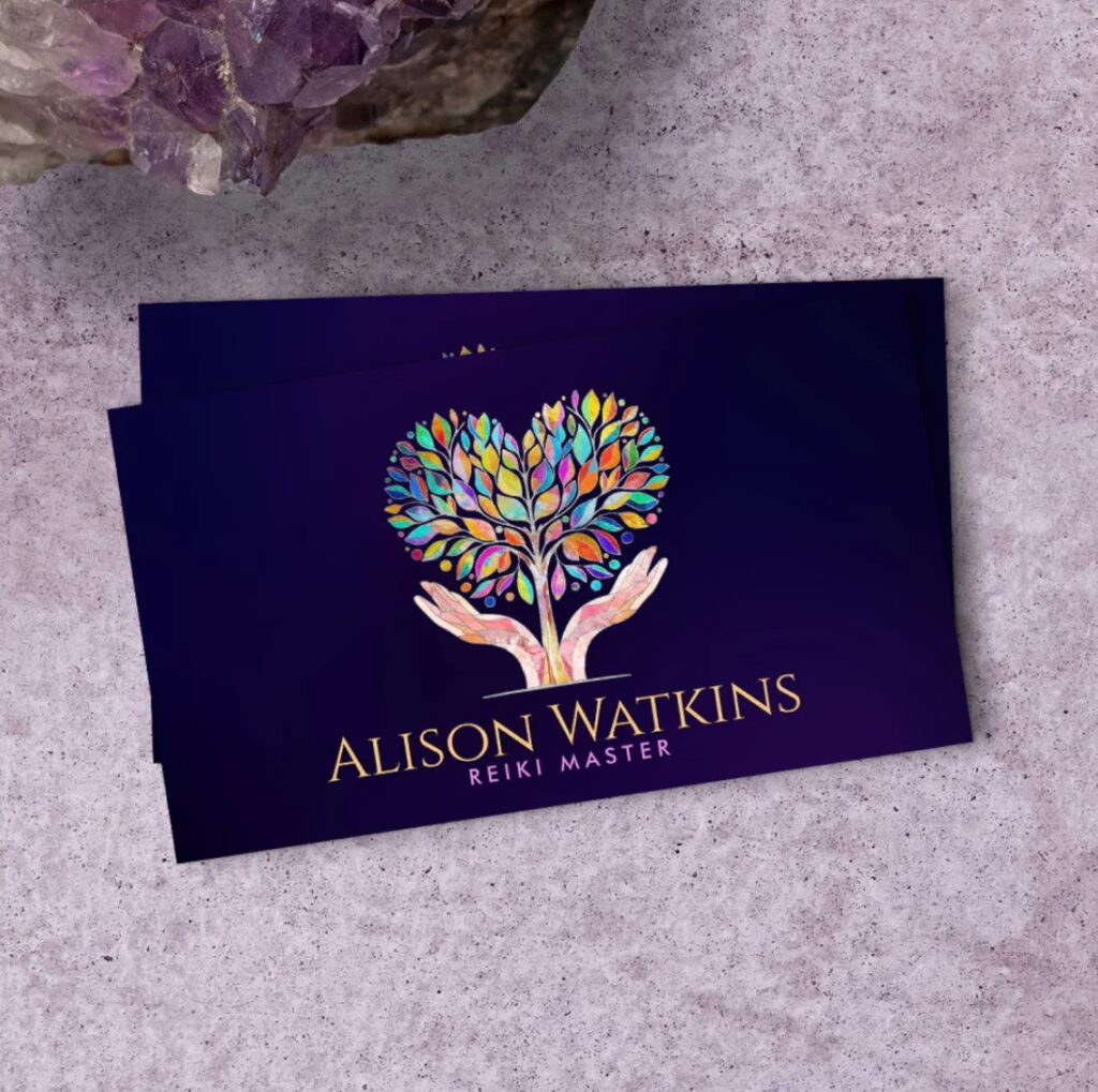Heart-shaped tree in helping hands – business card for therapists, counselors, and healers.