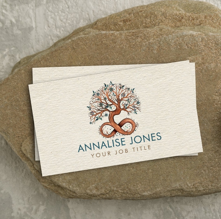 Infinity symbol business card with feather design