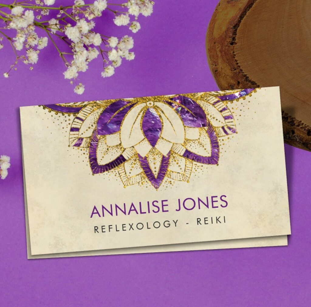 Purple Amethyst and gold frame Lotus Business Card