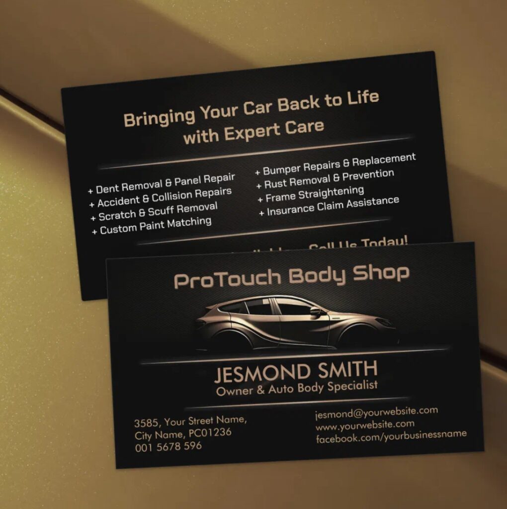 Luxury golden auto body repair business card with modern layout.