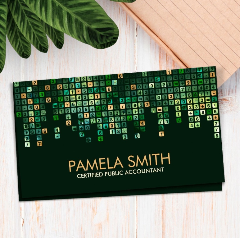 Professional business card for accountants and bookkeepers - malachite and gold numbers pattern