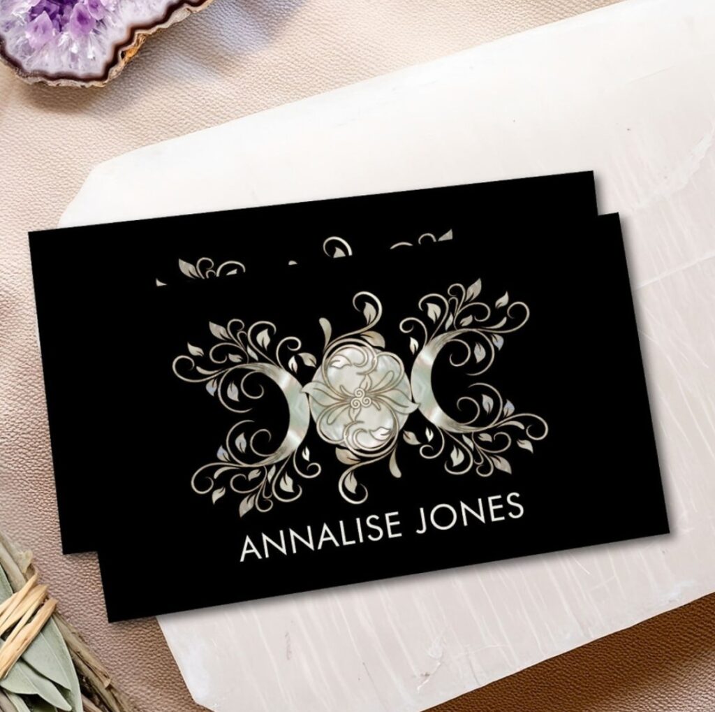 Triple Moon - Triple Goddess Mother of Pearl Business Card - Flourish ornament