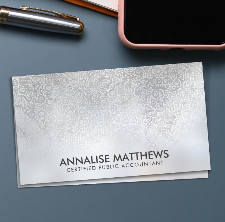 Business card for independent accountant or finance coach - mother of pearl numbers pattern