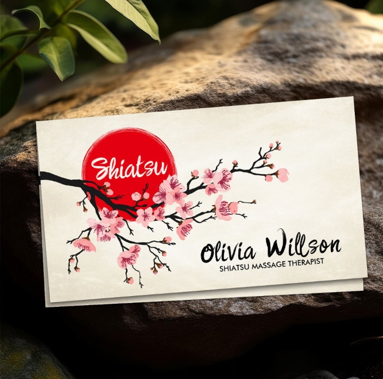 Massage therapist business card with Japanese sakura theme