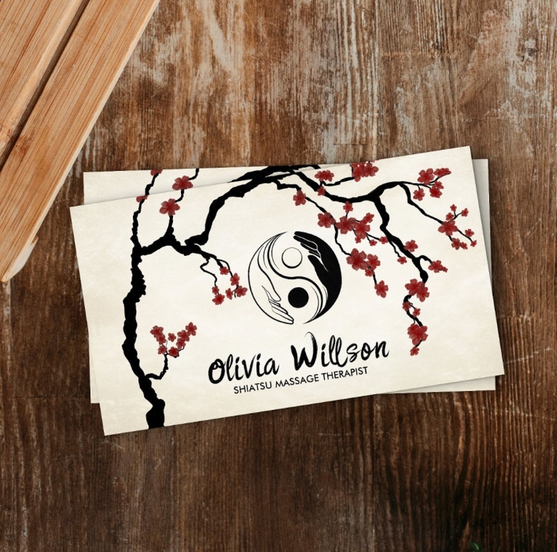 Shiatsu business card with sakura branch and yin yang symbol