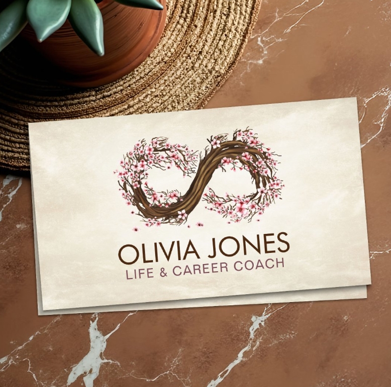 Infinity symbol with sakura tree branch business card