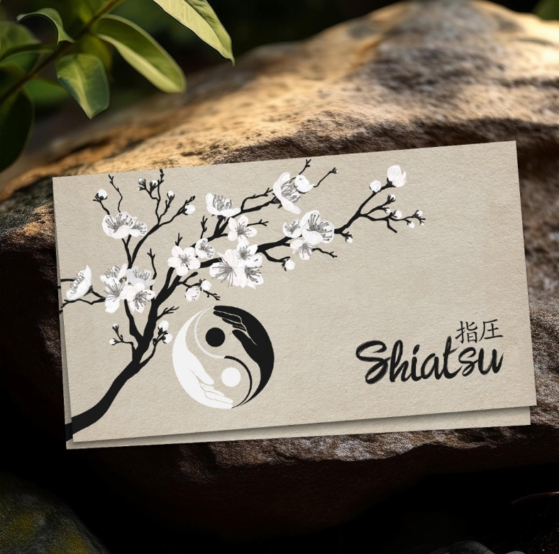 Shiatsu massage business card with yin yang and sakura design