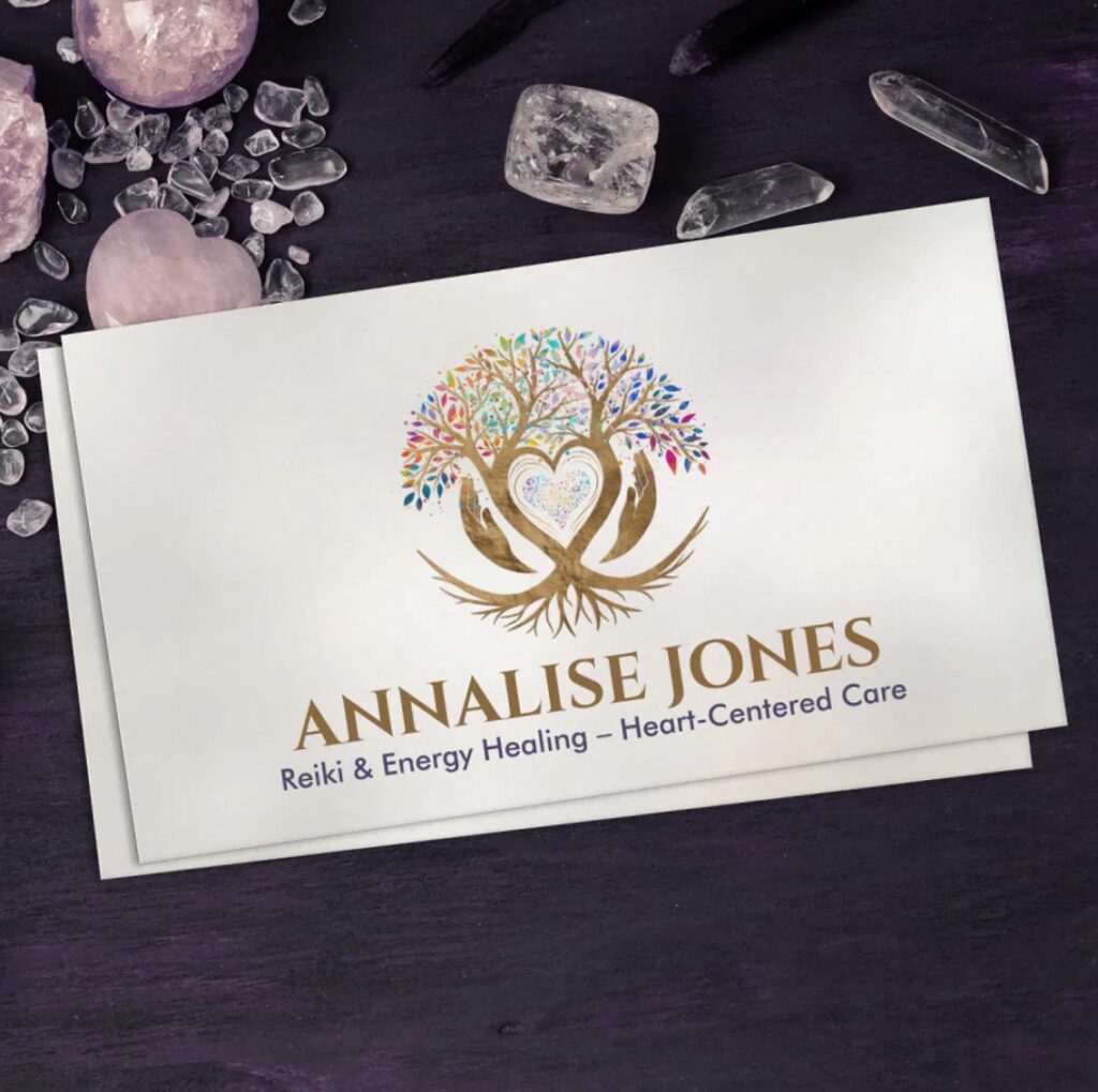 Tree of Life embraced by hands – spiritual business card for energy healers or coaches.
