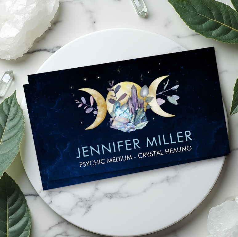 Triple moon and gemstones - Professional crystal healing business card