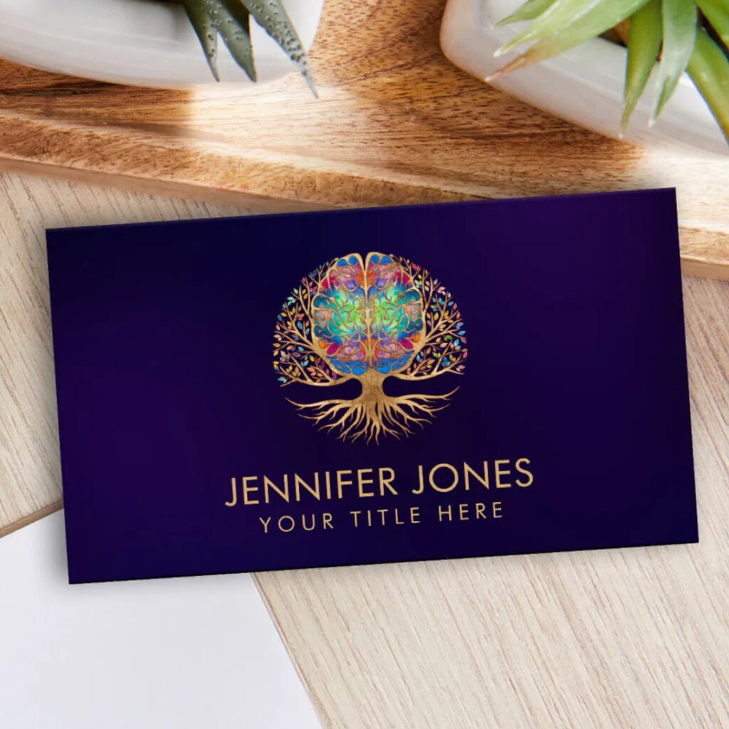 Brain tree business card with colorful leaves