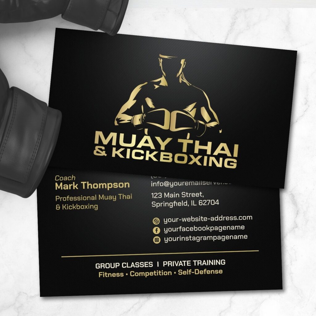 Muay Thai and Kickboxing coach business card in black and gold