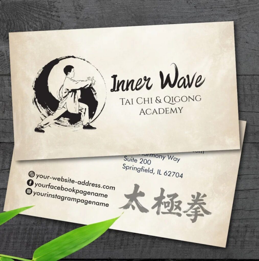 Tai Chi and Qigong business card with classic Taijitu yin yang symbol