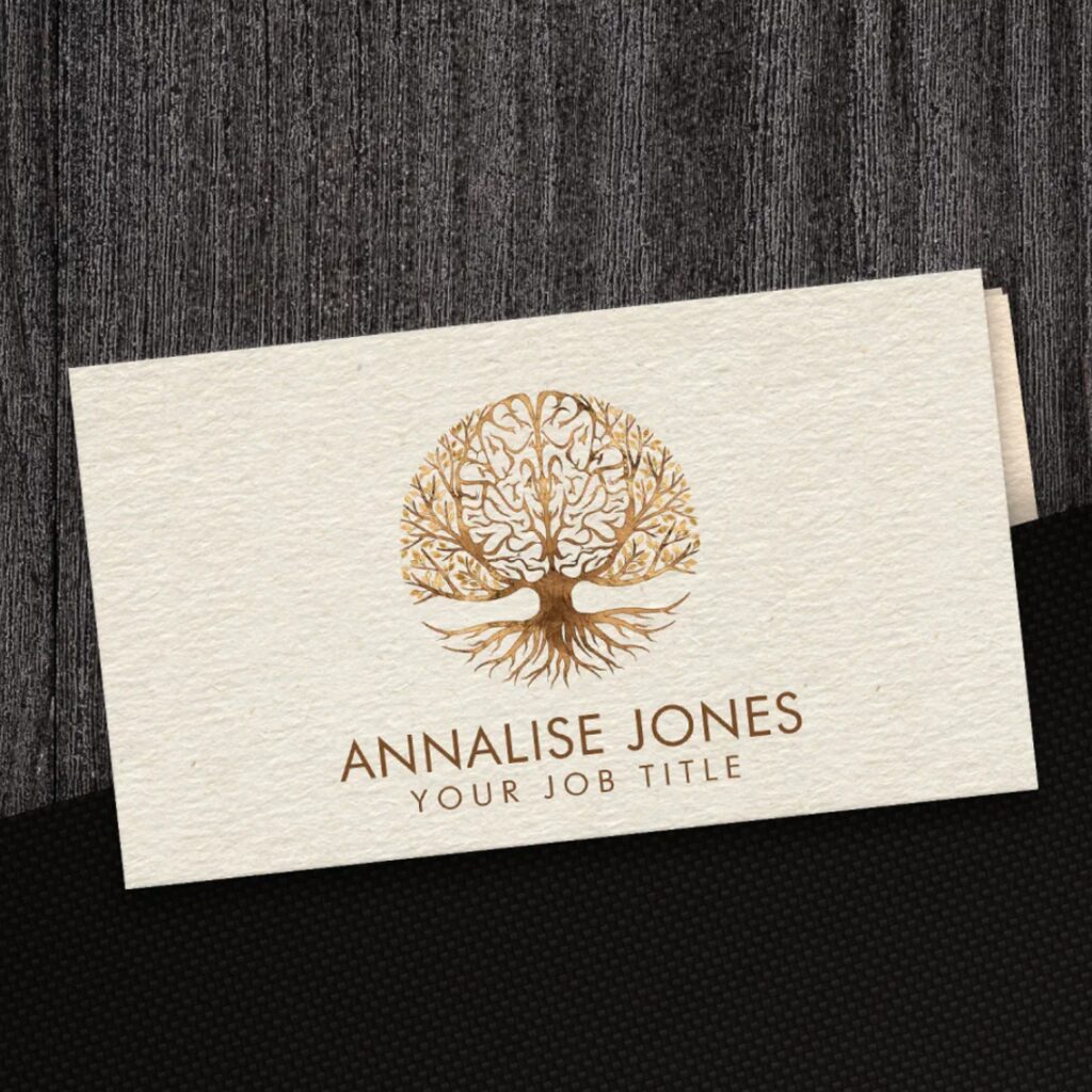 Brain tree business card with golden leaves design