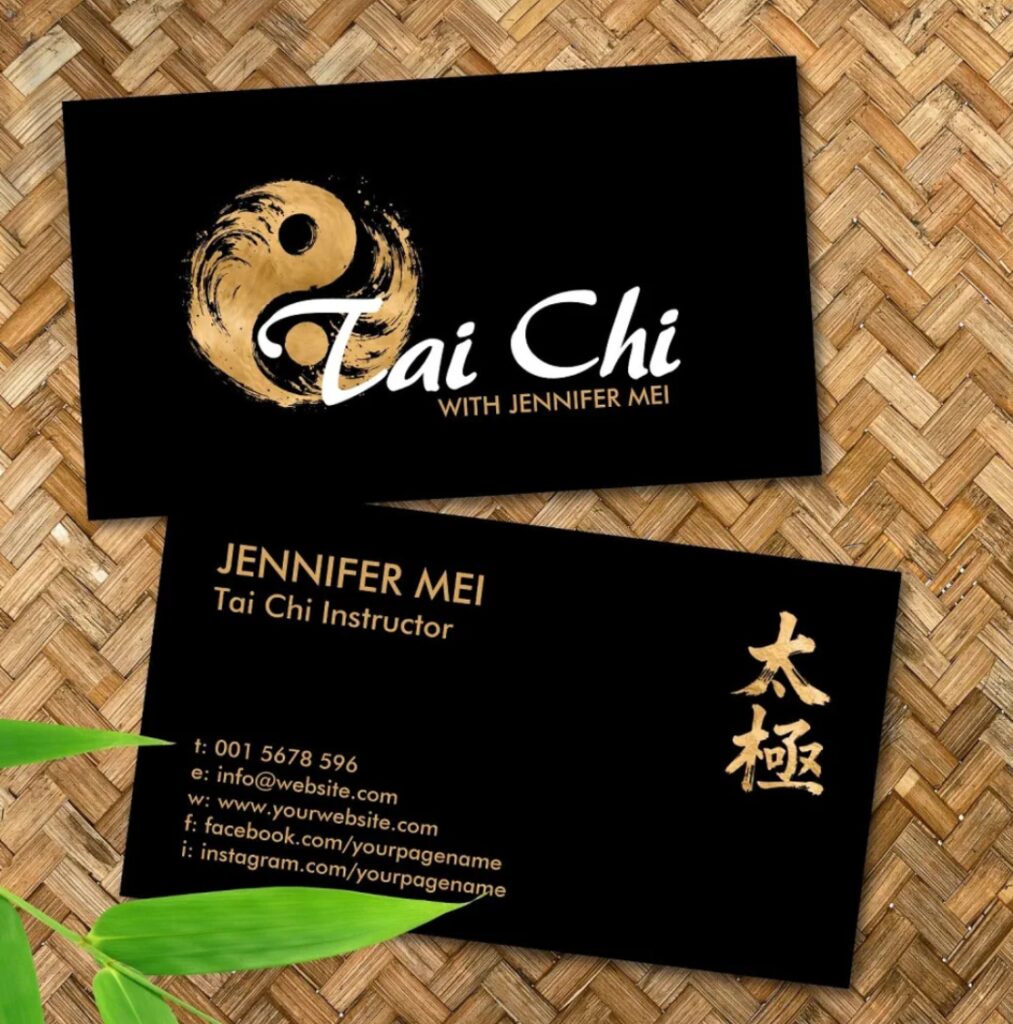 Tai Chi business card with golden yin yang design
