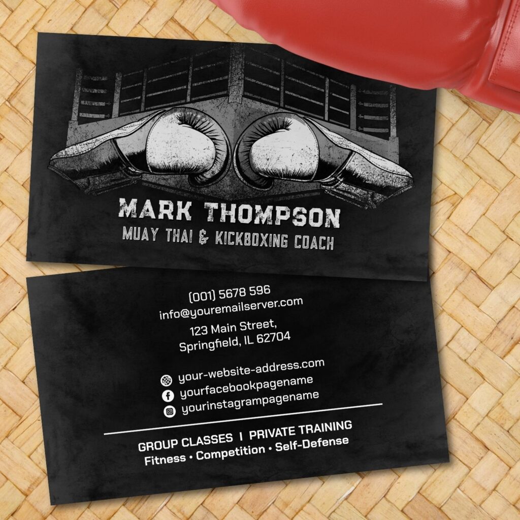 Kickboxing and Muay Thai business card with gloves and ring illustration