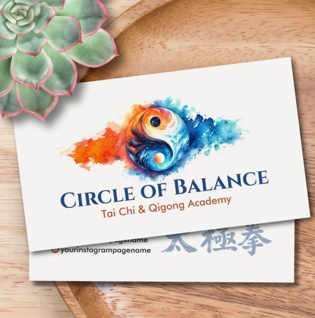 Tai Chi and Qigong business card with yin yang energy balance symbol