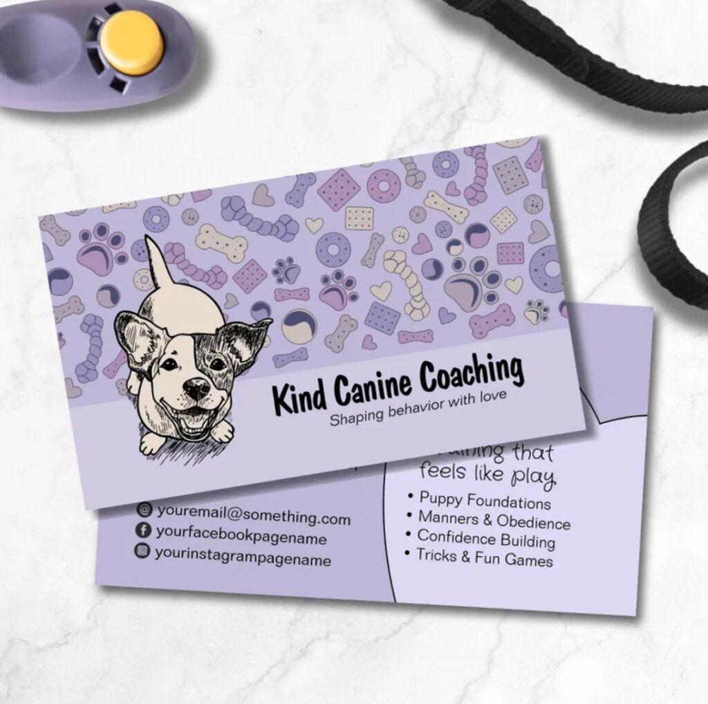 Whimsical professional dog trainer card with artistic doodle theme