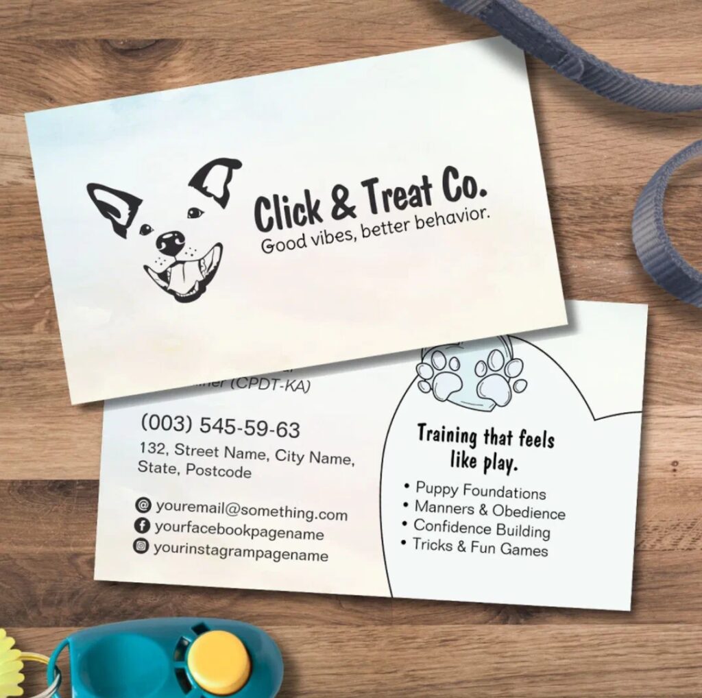 Professional cute dog trainer business card with playful doodle design