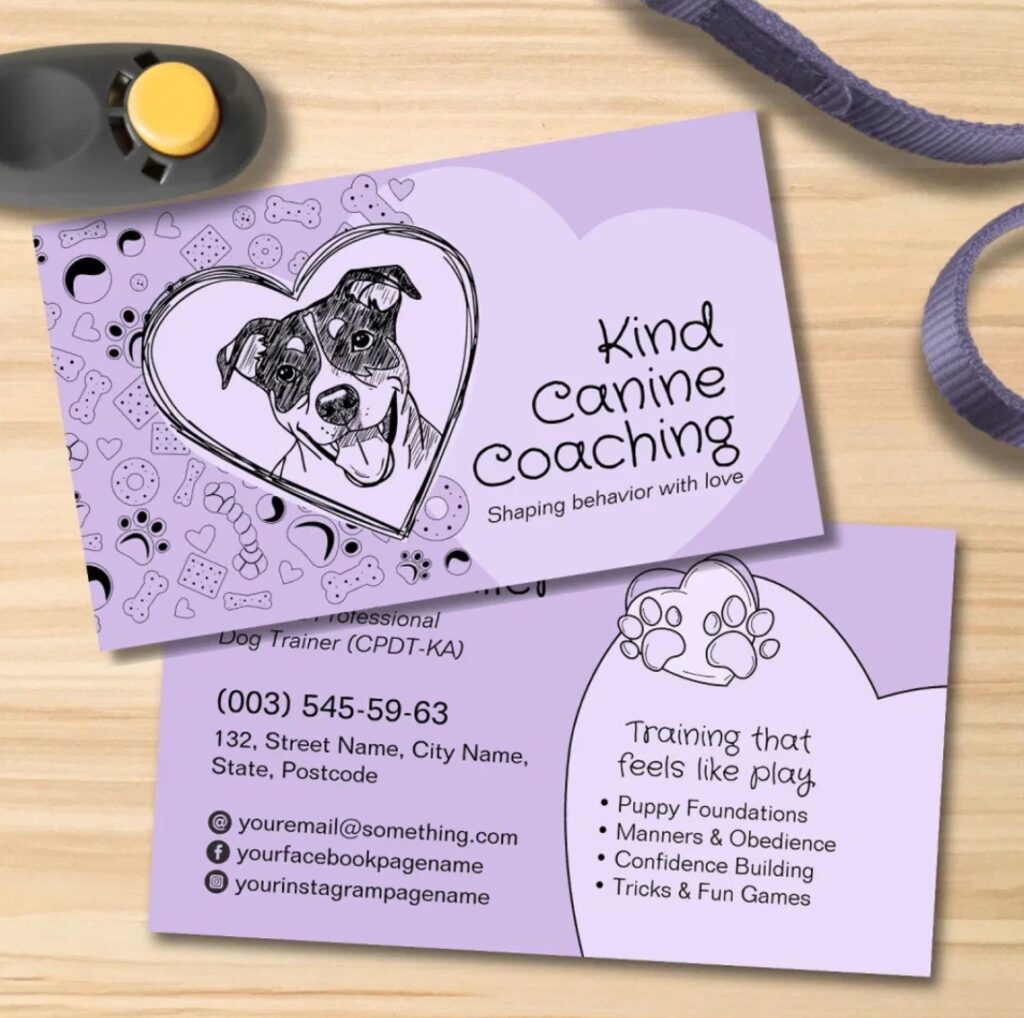 Modern dog training business card with cheerful hand-drawn artwork