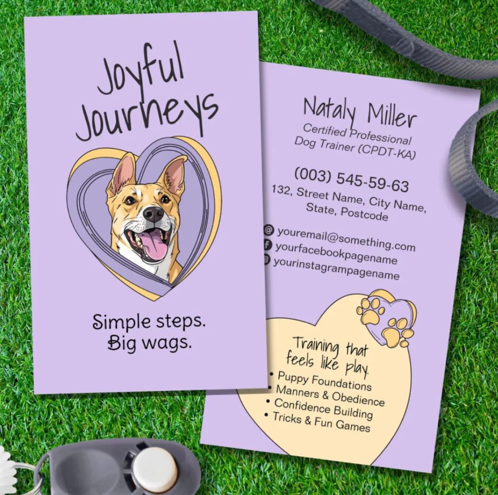 Fun whimsical dog trainer business card for positive reinforcement training