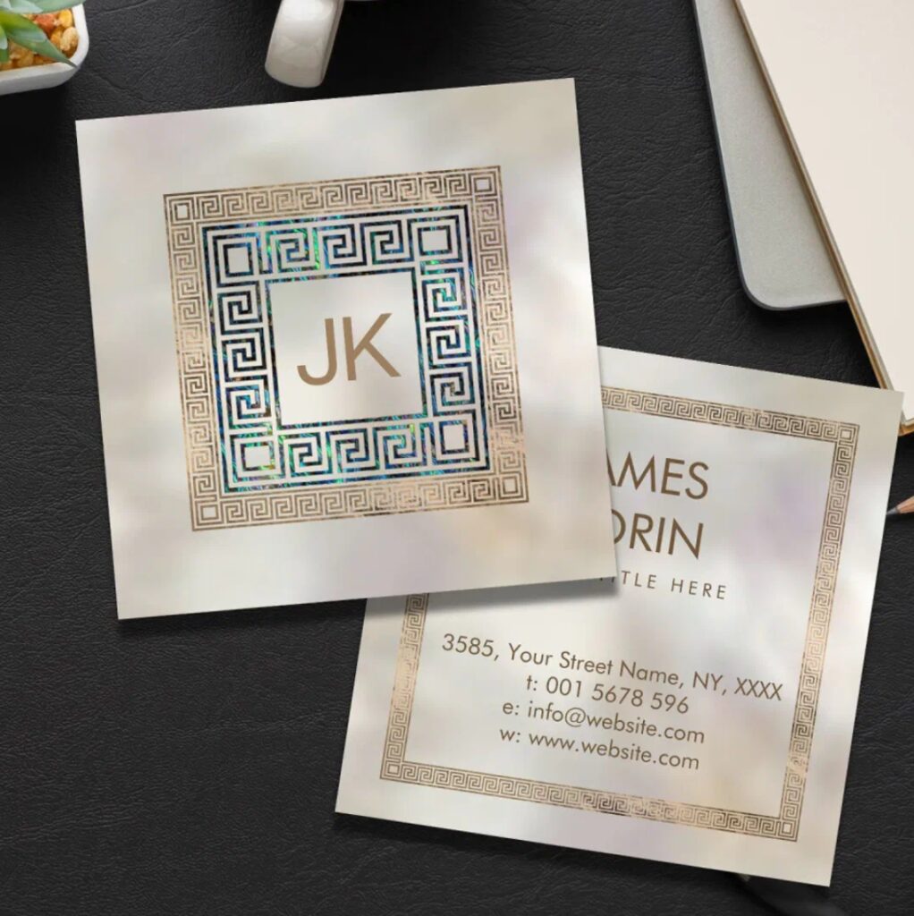 Square Greek Key business card with abalone and gold accents