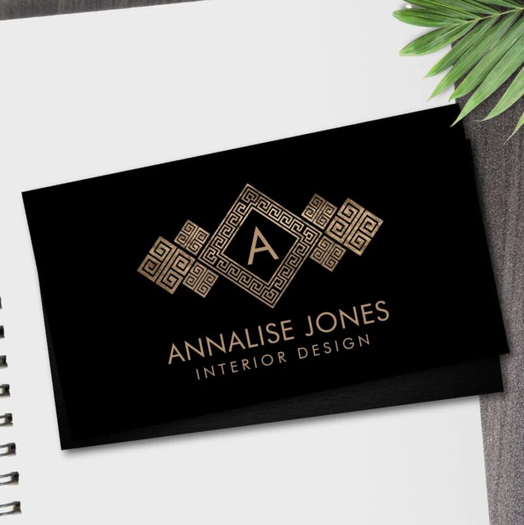 Elegant Greek Key monogram business card in gold finish