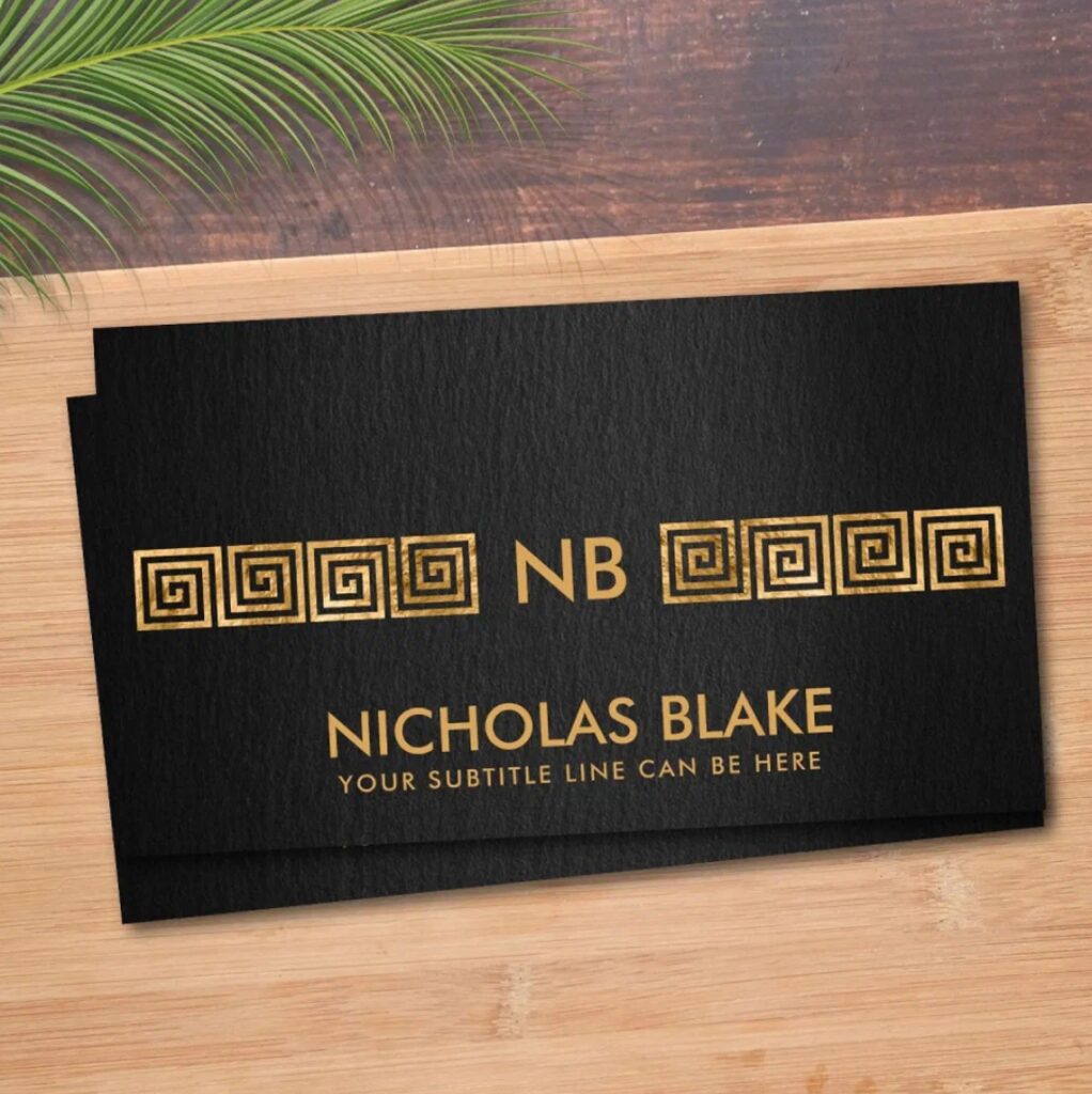Greek Key monogram business card in gold on black