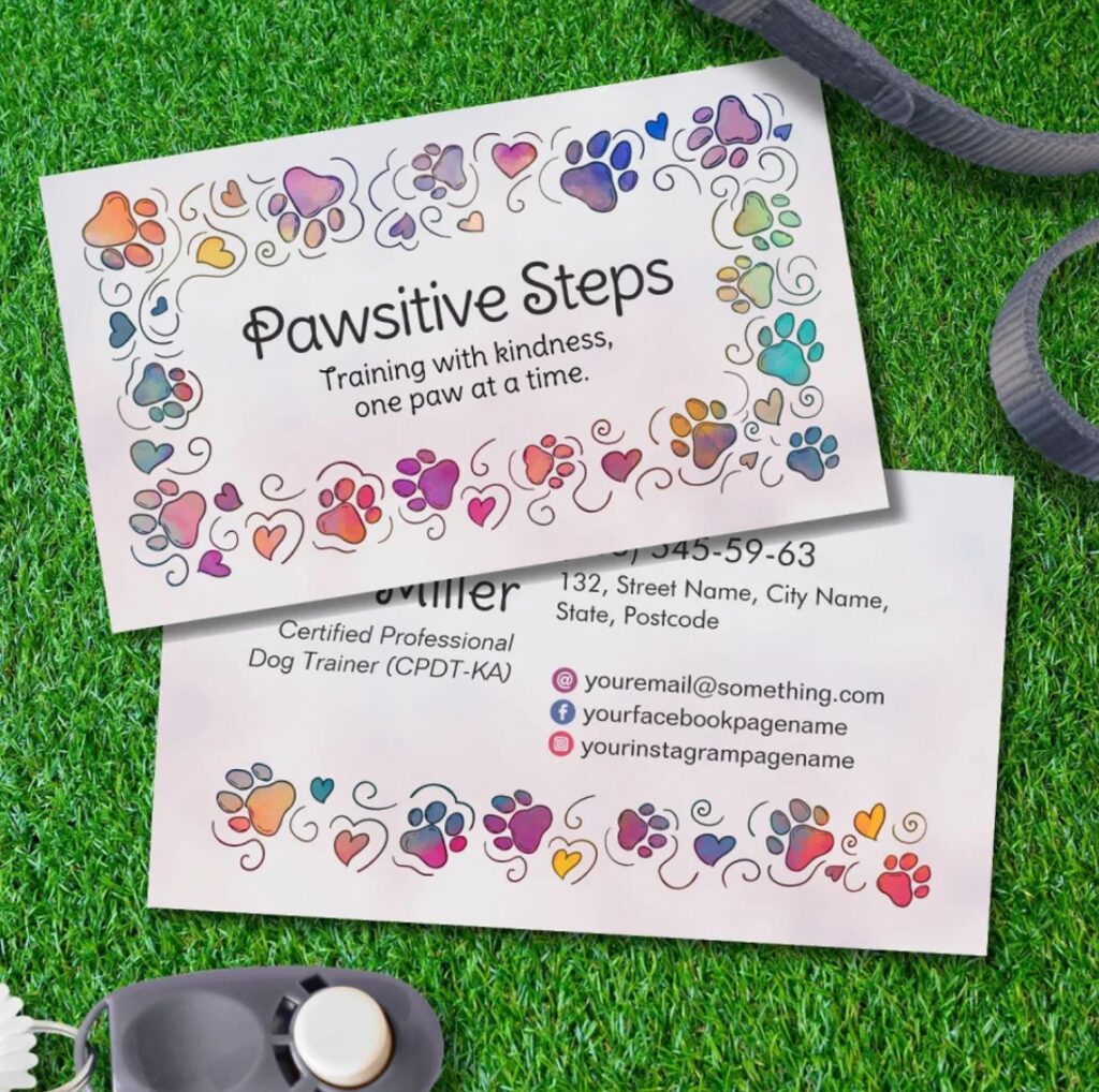 Gentle watercolor paws and hearts dog trainer card with hand-drawn details
