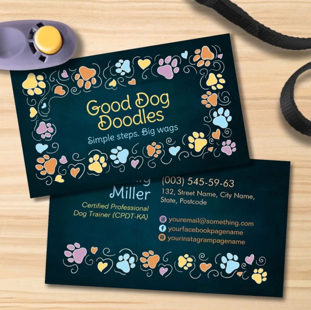 Watercolor paws and hearts dog trainer business card for positive dog training
