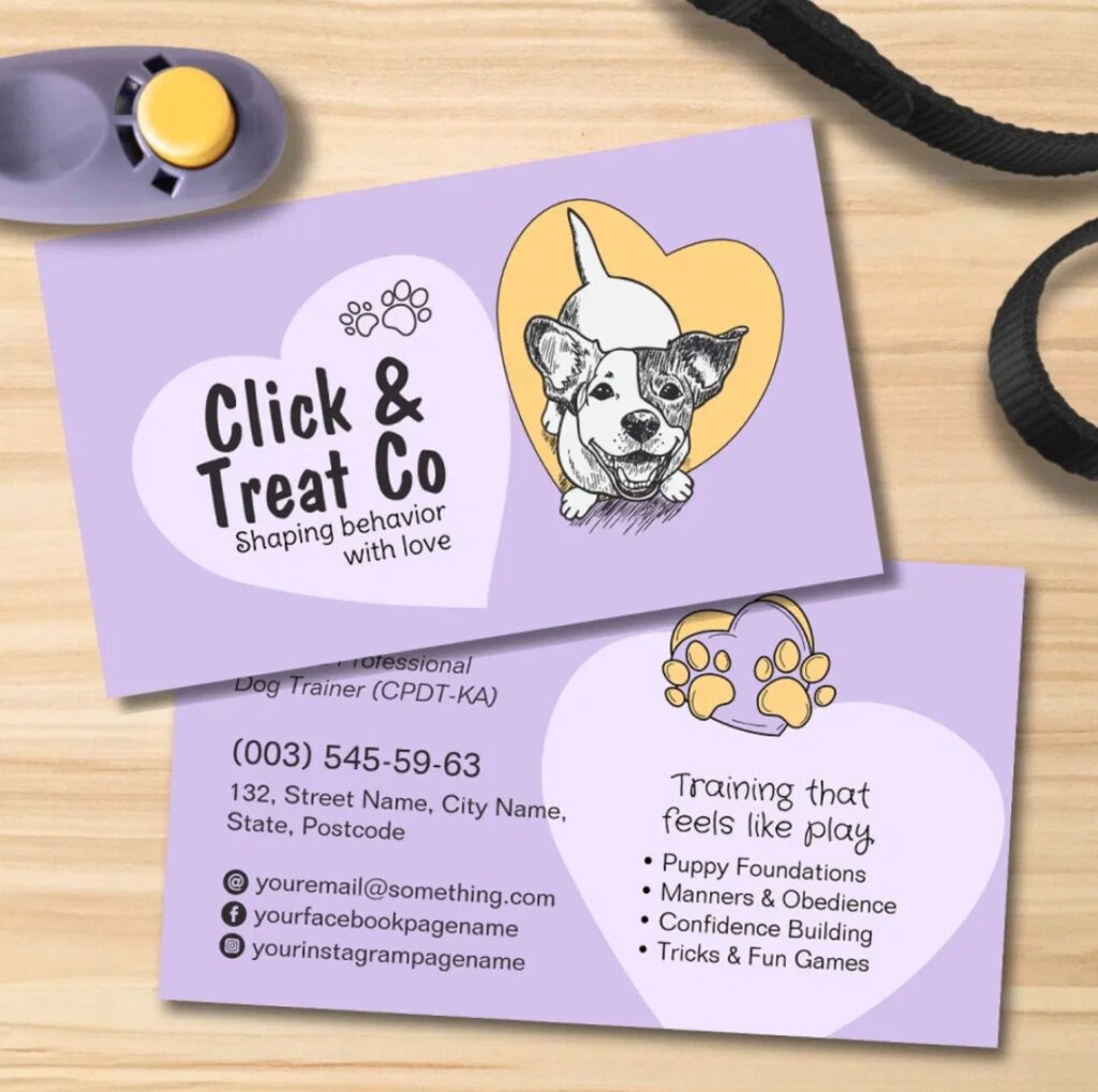 Creative dog trainer business card with happy doodle dog graphics