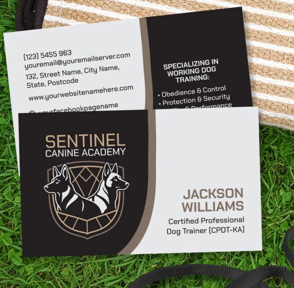 German Shepherd and Malinois K9 training business card for professional dog trainers