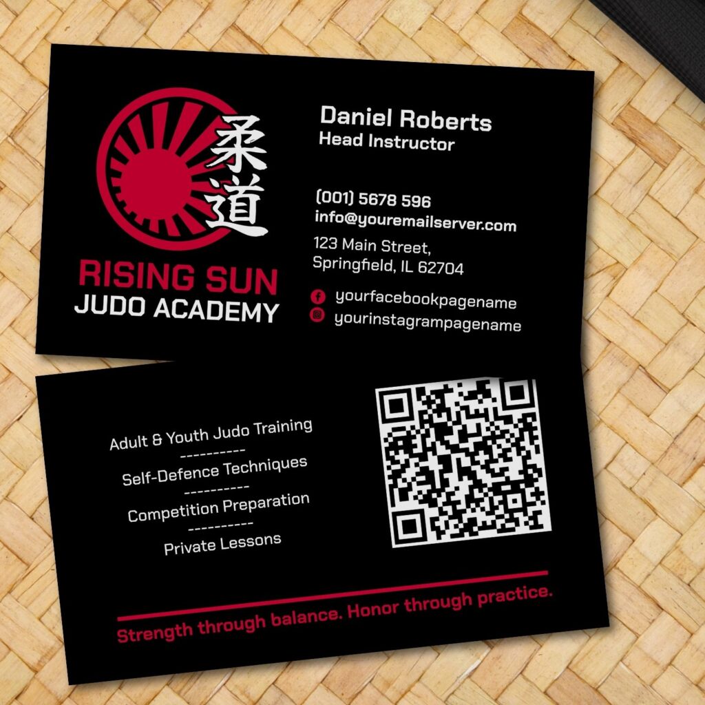 Judo instructor business card with Kanji and rising sun background