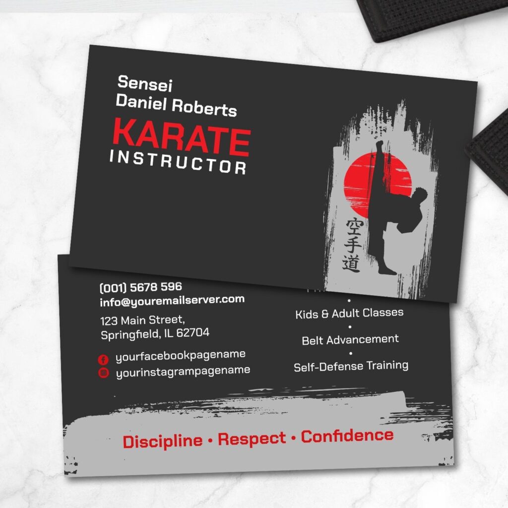 Karate instructor business card with kanji and karateka silhouette
