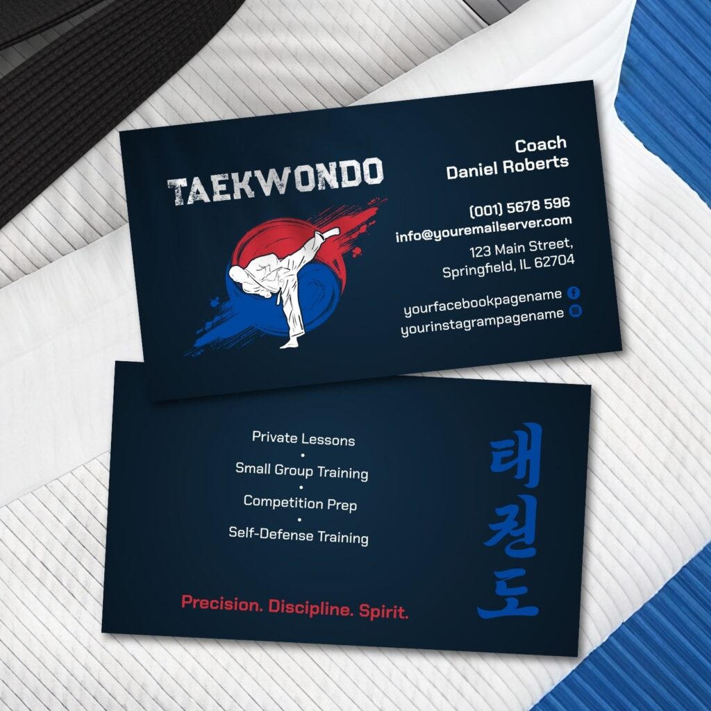 Martial arts coach business card with Taegeuk circle and silhouett
