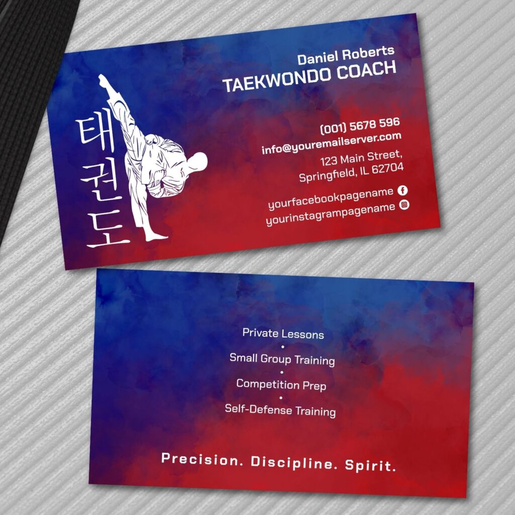 Korean Hangul Taekwondo lettering on minimalist martial arts business card