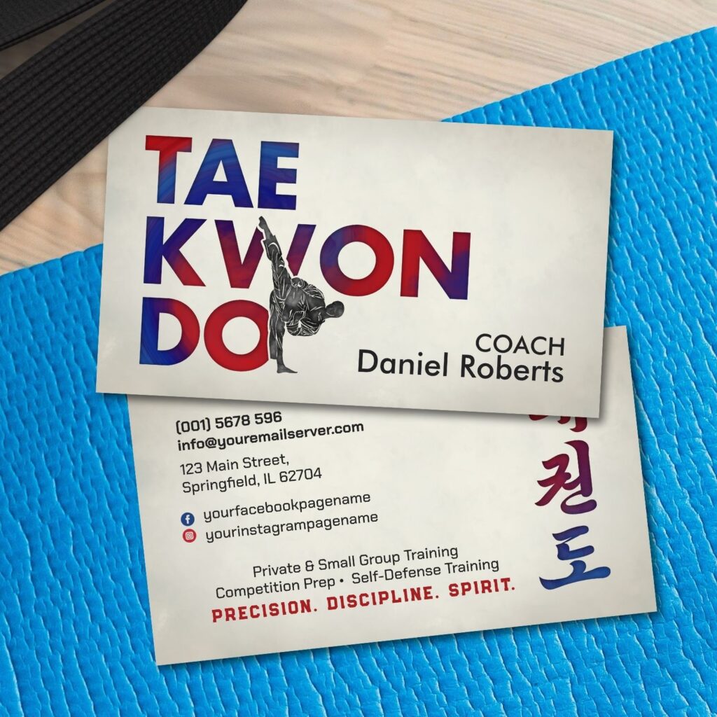 Taekwondo coach business card featuring high kick silhouette and Hangul text